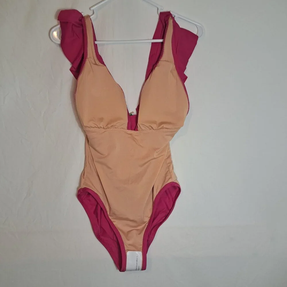J. Crew One Piece Swimsuit SIze 12 Ruched V Neck Ruffled‎ Hot Pink Fuchsia New